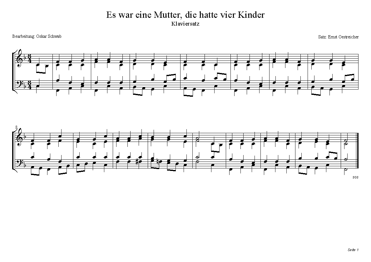 Liedtext Es War Eine Mutter Klaviersatz in F-Dur